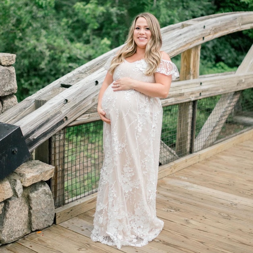 Maternity Ivory Floral Embroidered Mesh Maternity Evening Gown